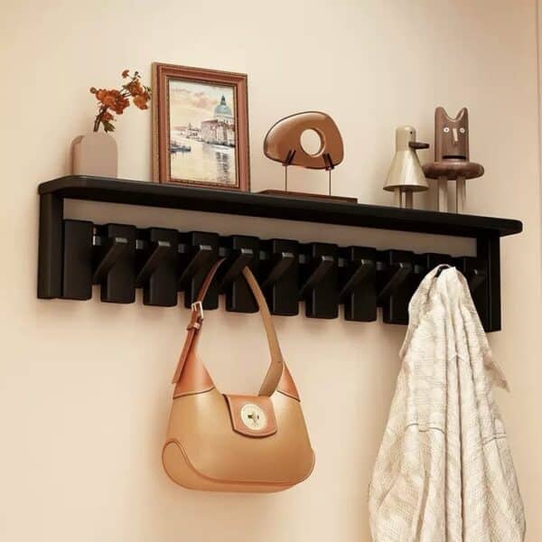 Cuier de Perete cu 10 Carlige din Lemn de Cauciuc – Negru- 64 cm